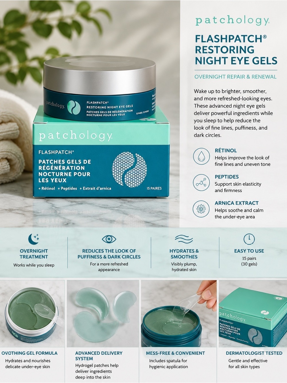 Patchology FlashPatch Restoring Night Eye Gels 15 Pairs Retinol Peptides- New